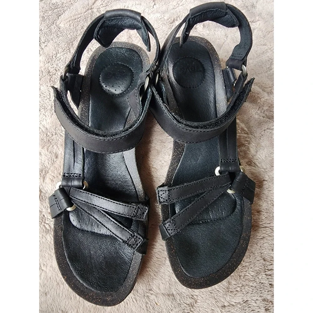Teva Ysidro Universal Black Leather Cork Wedge Strappy Sandals Womens 7